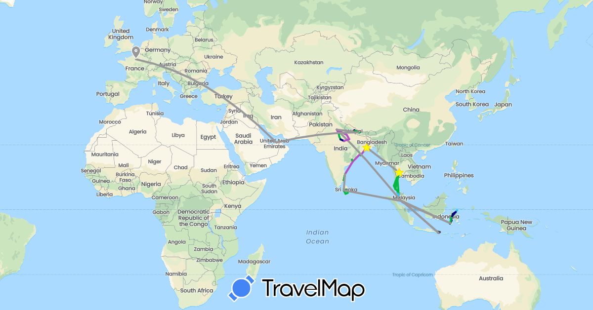 TravelMap itinerary: driving, bus, plane, train, hiking, boat, motorbike in United Arab Emirates, France, Indonesia, India, Sri Lanka, Malaysia, Nepal, Thailand (Asia, Europe)